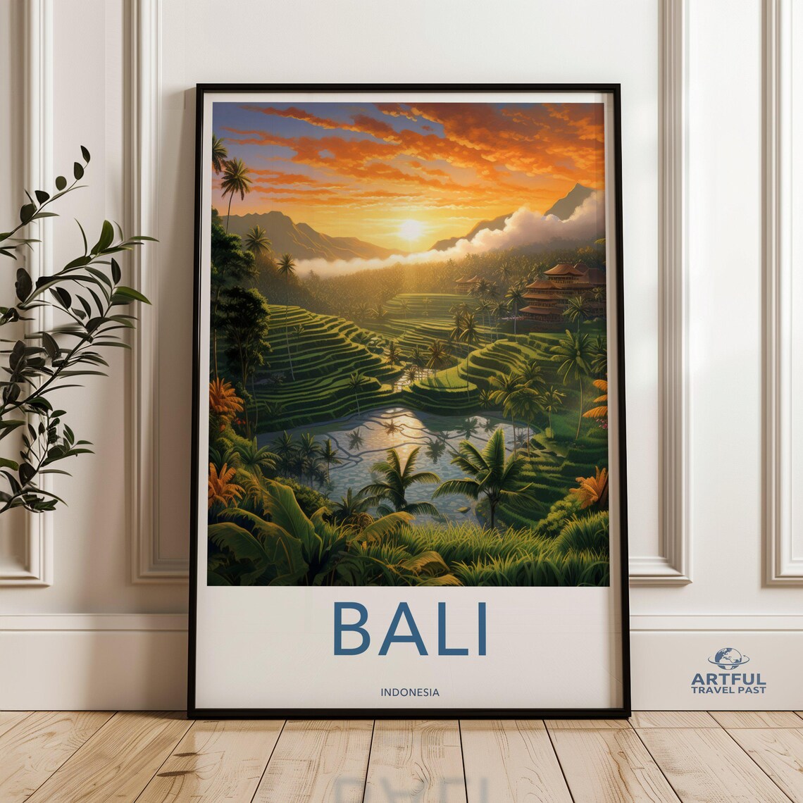 Bali Indonesia Rice Terraces Temple Sunset Vintage Travel Poster
