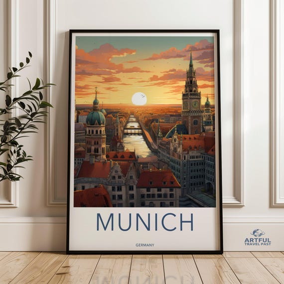 Munich Skyline Wall Art Sunset View Decor Architectural Landmarks Print Historical Cityscape Poster Germany Travel Artwork