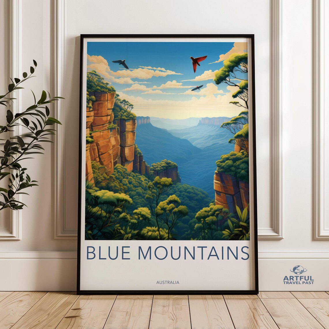 Blue Mountains Australia Canyon Valley Birds Vintage Travel Poster
