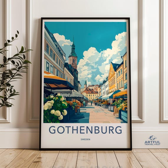 Gothenburg Cityscape Wall Art Scandinavian Street View Print Vintage Travel Poster Sweden Architecture Decor Urban Landscape
