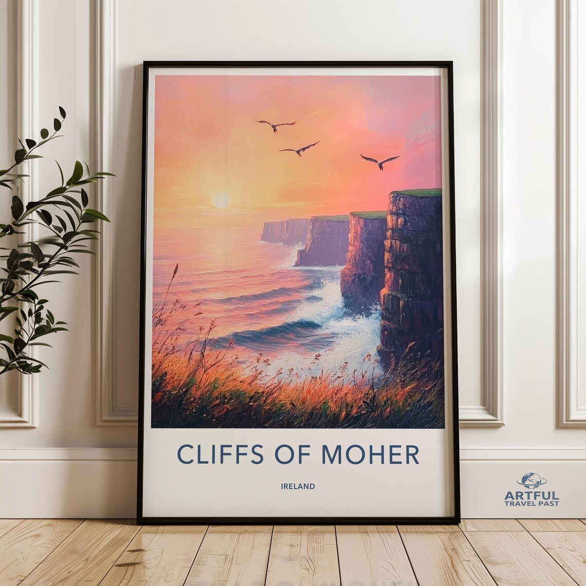 Cliffs Of Moher Ireland Sunset Seascape Scenic Retro Travel Poster