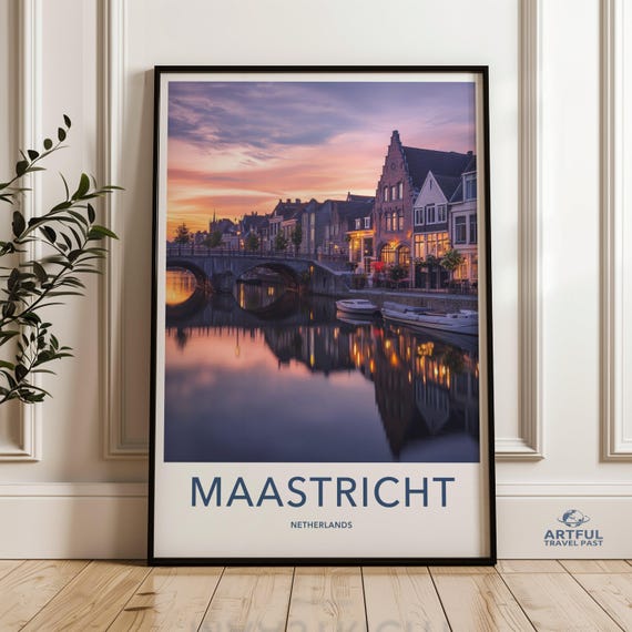 Maastricht Netherlands Wall Art Cityscape Print Sunset Scenery Decor European Travel Poster Canal Reflection Painting