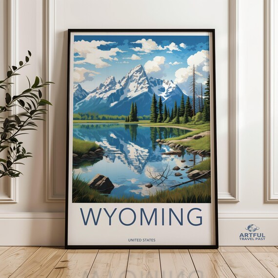 Wyoming Grand Teton Snowy Peak Mirror Lake Vintage Travel Poster