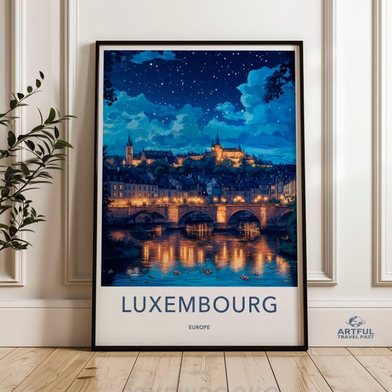 Luxembourg Night Sky Starry Bridge River Reflection Europe Poster
