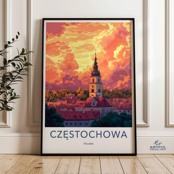 Czstochowa Poland Cityscape Wall Art Vibrant Sunset Skyline Poster Travel Destination Decor Illustration Print