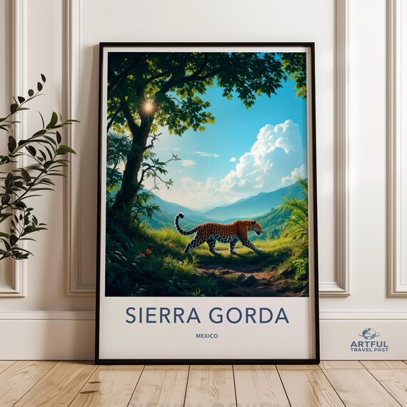 Sierra Gorda Jungle Art Leopard Wall Print Mexico Travel Poster Nature Decor Tropical Landscape Vibrant Animal Artwork