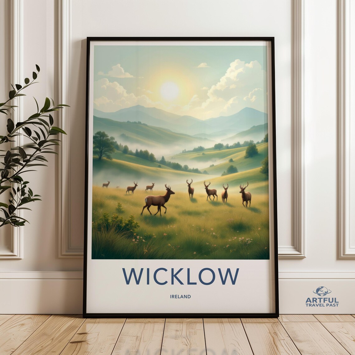 Wicklow Ireland Deer Herd Meadow Misty Morning Landscape Art Poster