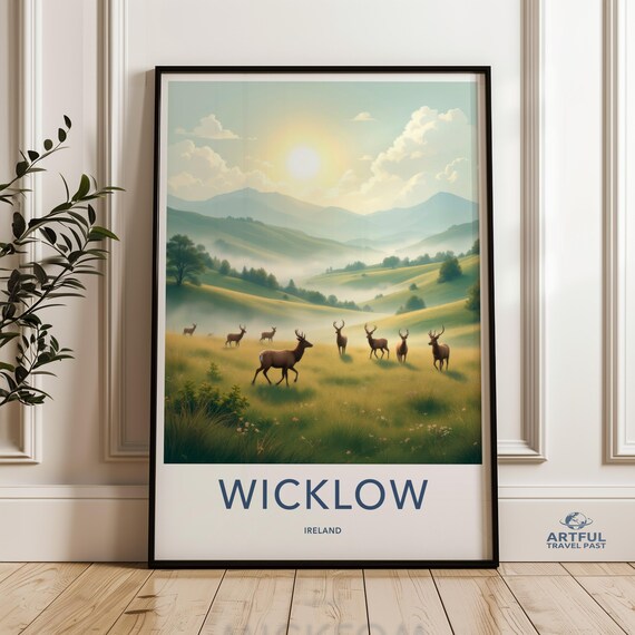 Deer Landscape Wall Art Wicklow Ireland Scenic Print Mountain Sunrise Poster Nature Decor Wildlife Countryside View