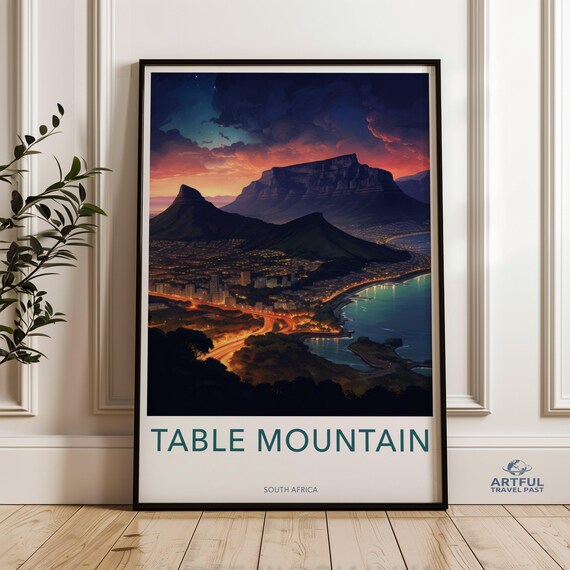 Table Mountain Cape Town Sunset Coast City Lights Vintage Travel Poster