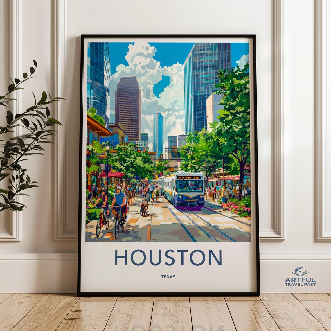 Houston Texas Modern Downtown Streetcar Sunny City Travel Poster