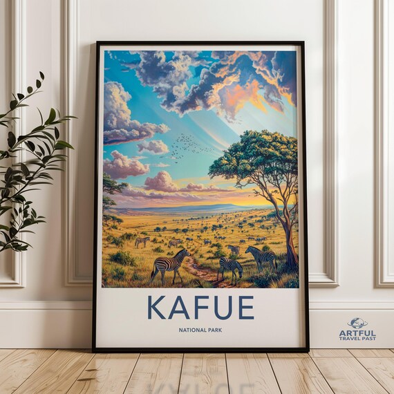 Kafue National Park Zebras African Savanna Sunset Wildlife Travel Poster