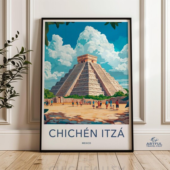 Chichen Itza Mexico Ancient Mayan Pyramid Vintage Travel Art Poster