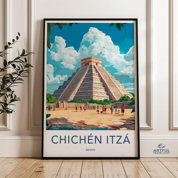 Chichen Itza Wall Art Ancient Mayan Pyramid Poster Mexico Travel Print Historic Landmark Artwork Colorful Tourist Attraction Decor