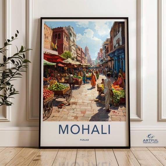 Vibrant Mohali Street Market Poster Colorful Cityscape Wall Art Punjab Urban Scene Print City Decor Artwork