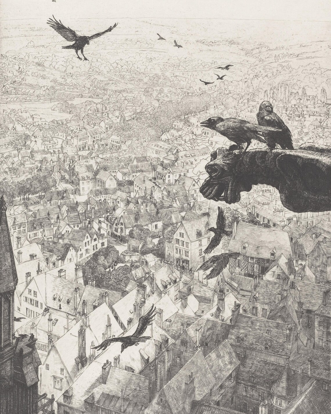 Spooky Gargoyle and Crows Over Old Town Vintage Gothic Wall Art - Image 3