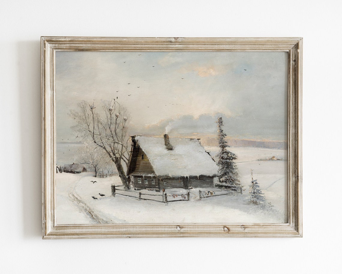 Vintage Winter Landsape Painting Scandi Holiday Wall Art Christmas Village Painting Vintage Christmas Prints Winter Cabin Art Prints