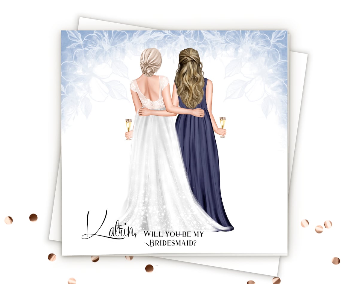 Katrin Will You Be My Bridesmaid Navy Gown Floral Proposal Card Print