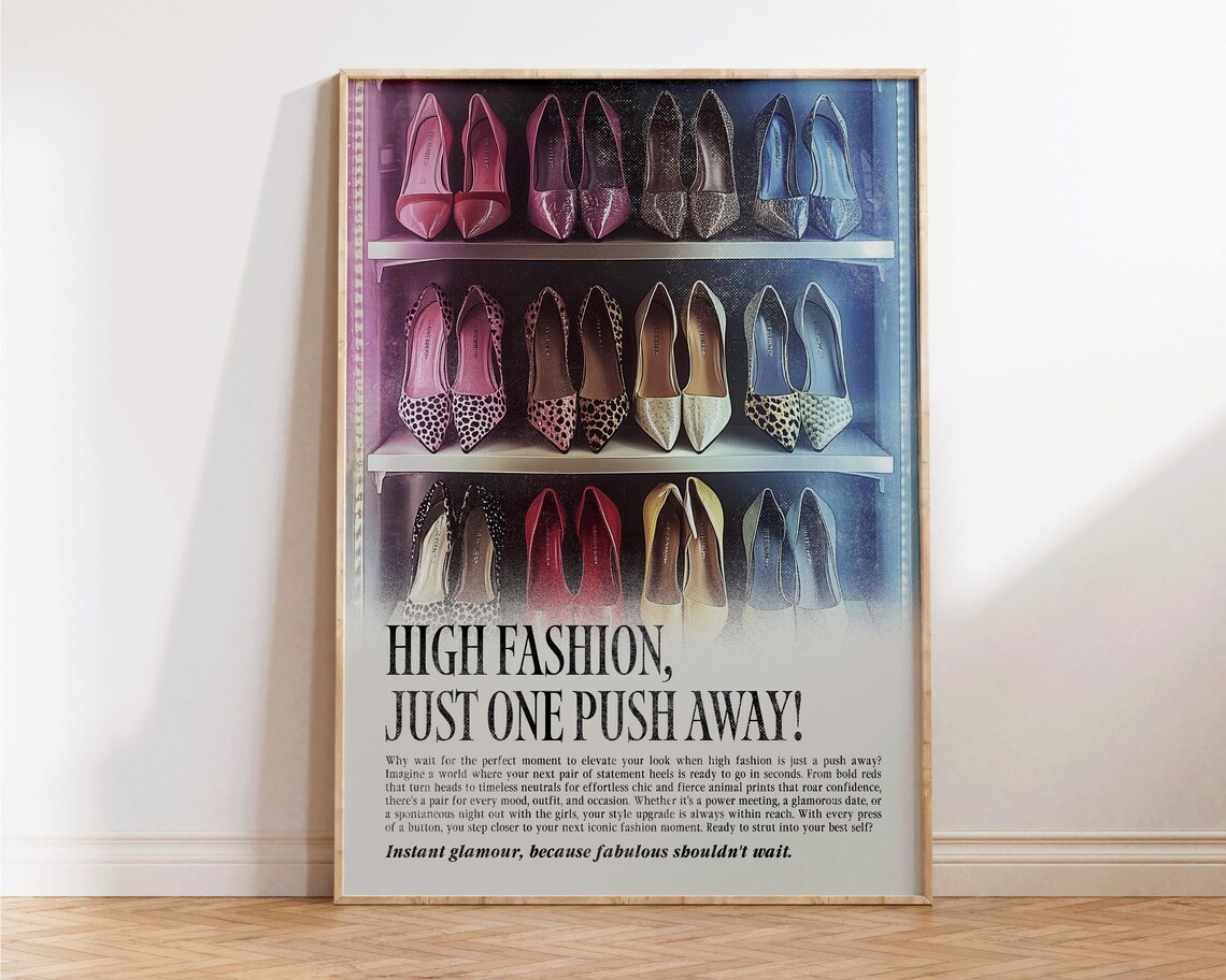 High Fashion Just One Push Away Pink Black Heels Vintage Shelf Poster - Image 3