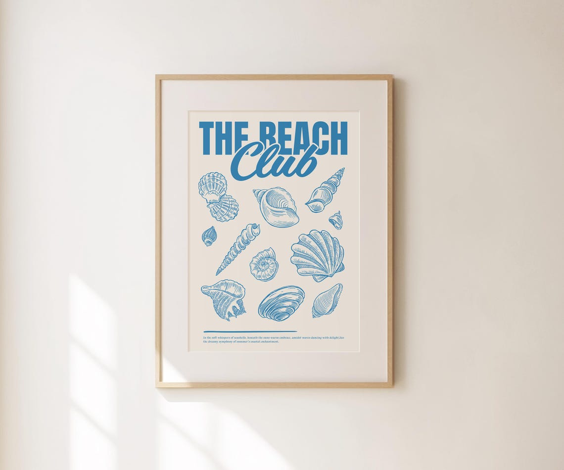 The Beach Club Retro Blue Seashell Illustrations Coastal Art Poster - Image 4