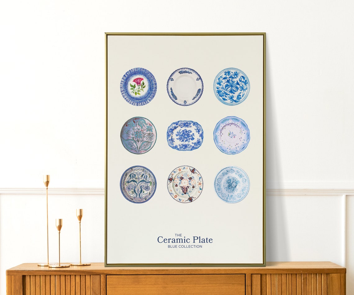 Blue Ceramic Plates Collection Vintage Kitchen Wall Decor Art Poster