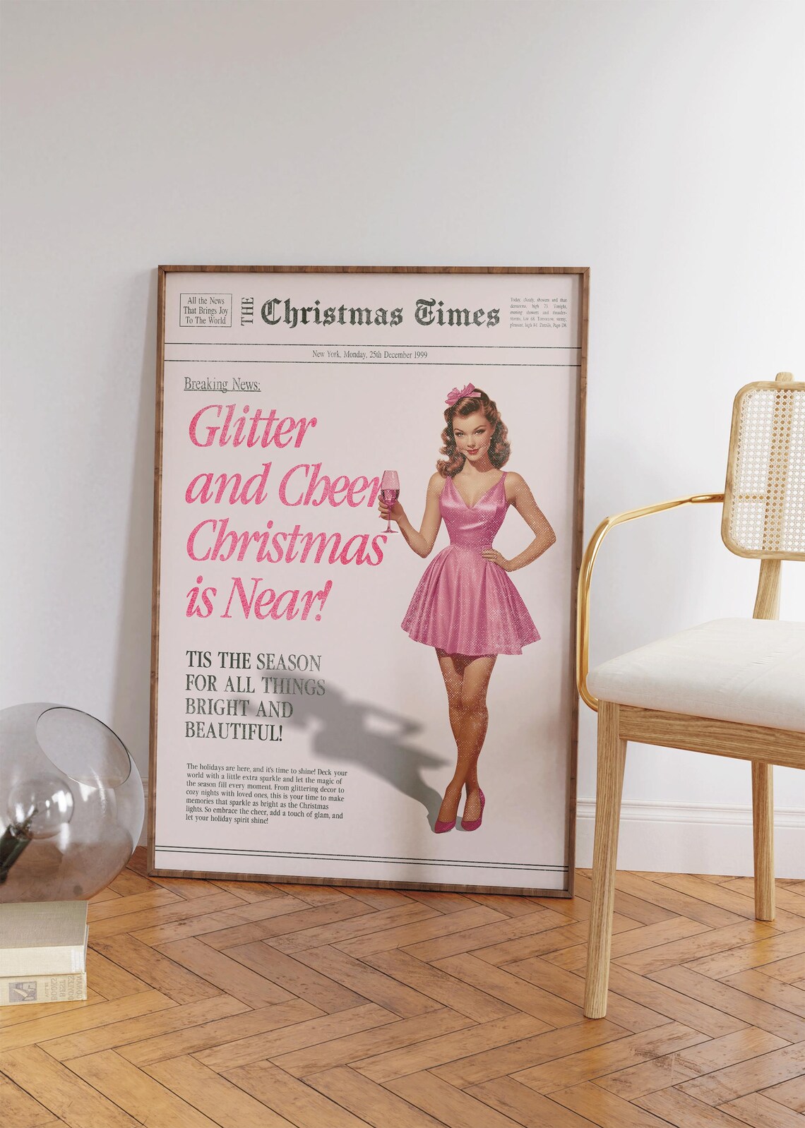 Glitter And Cheer Christmas Is Near Pink Pinup Vintage Wall Poster - Image 4