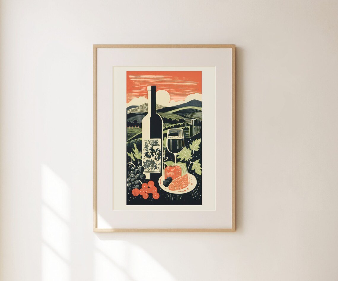 Red Wine Bottle Glass Vineyard Sunset Retro Woodcut Kitchen Wall Art Poster - Image 2