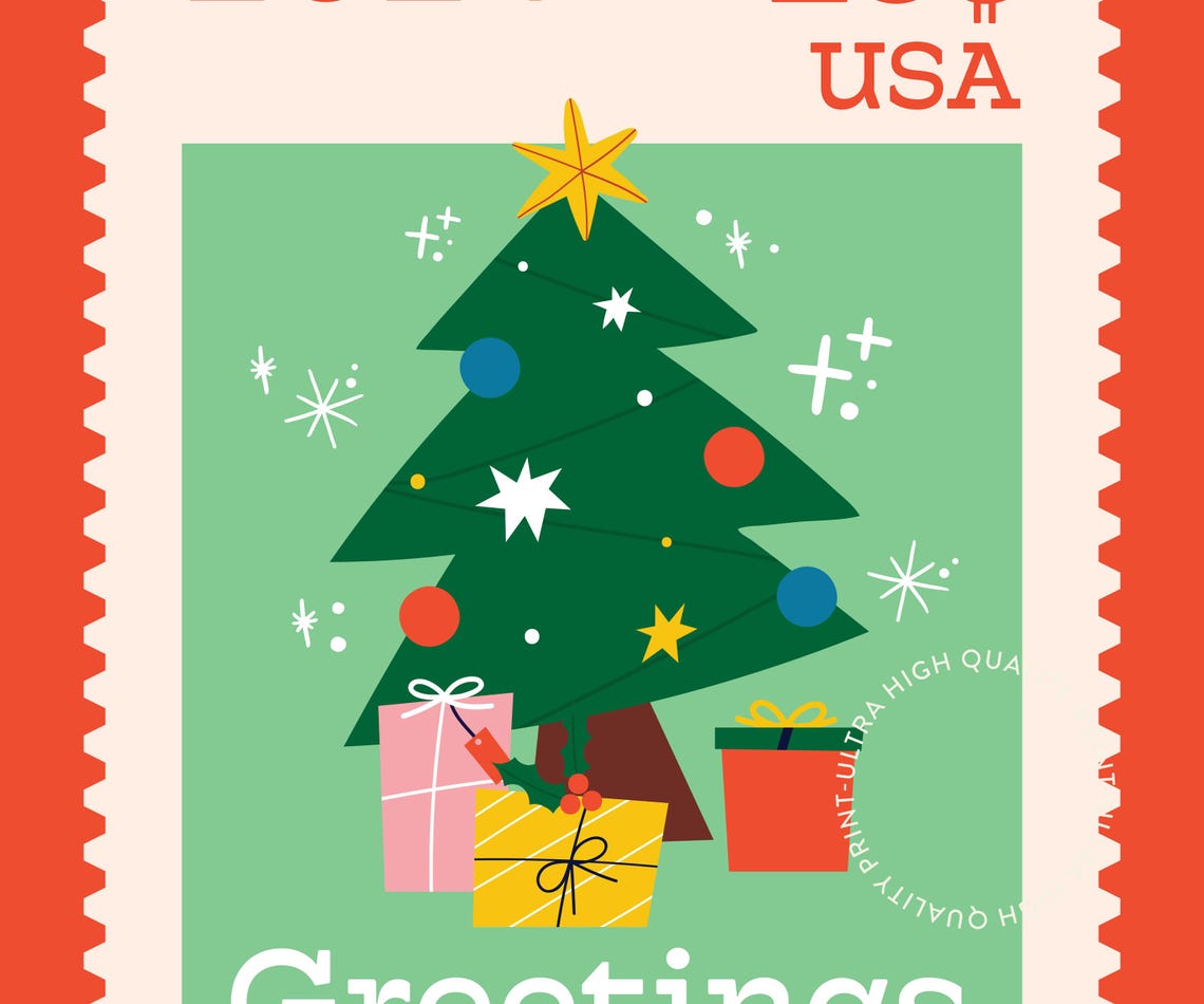 2024 Christmas Tree Postage Stamp Greetings Retro Holiday Poster - Image 5
