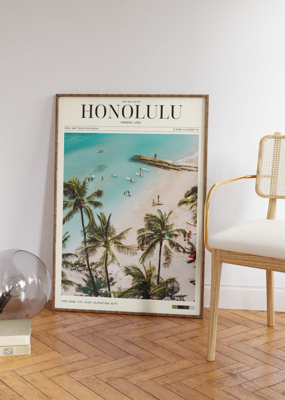 Travel Poster Hawaii Poster Honolulu Beach Poster Hawaii Vintage Poster Hawaiian Wall Art For Living Room Modern Island Office Wall Art