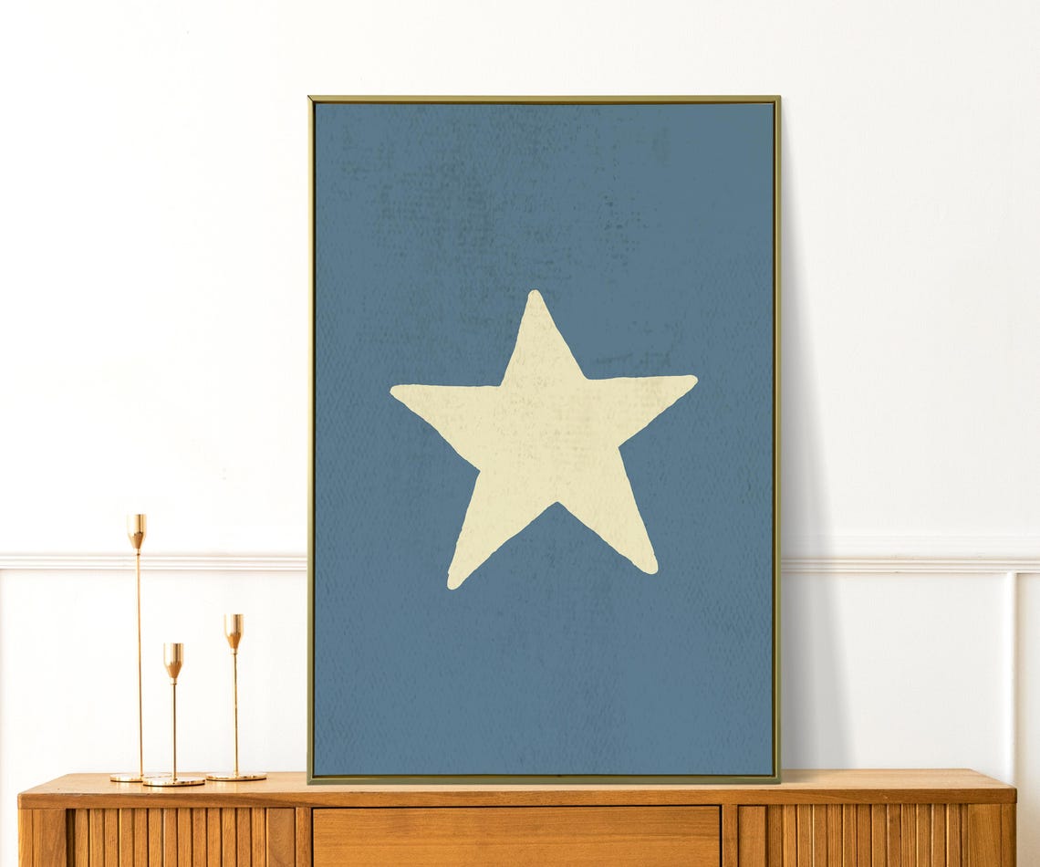 Retro Hand Drawn Cream Star On Navy Minimalist Nursery Poster
