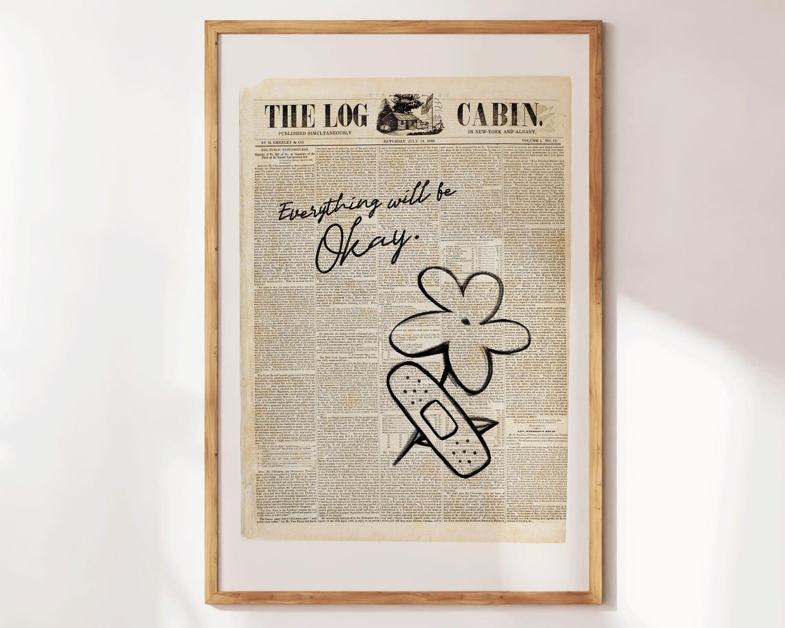 Everything Will Be Okay Vintage Newspaper Floral Script Quote Poster - Image 2