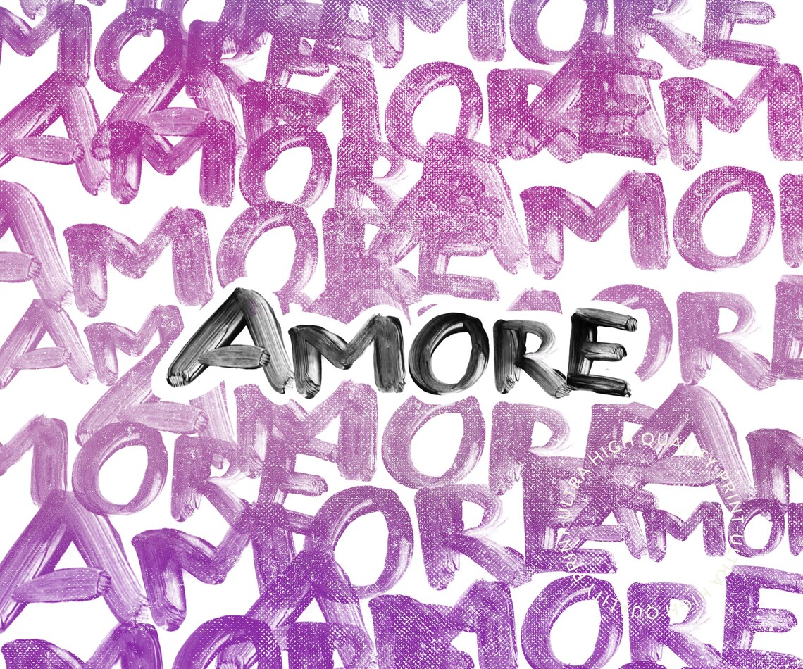 Amore Purple Graffiti Typography Love Word Repeated Pattern Wall Art - Image 5