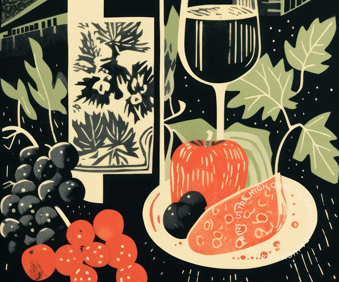 Red Wine Bottle Glass Vineyard Sunset Retro Woodcut Kitchen Wall Art Poster - Image 5