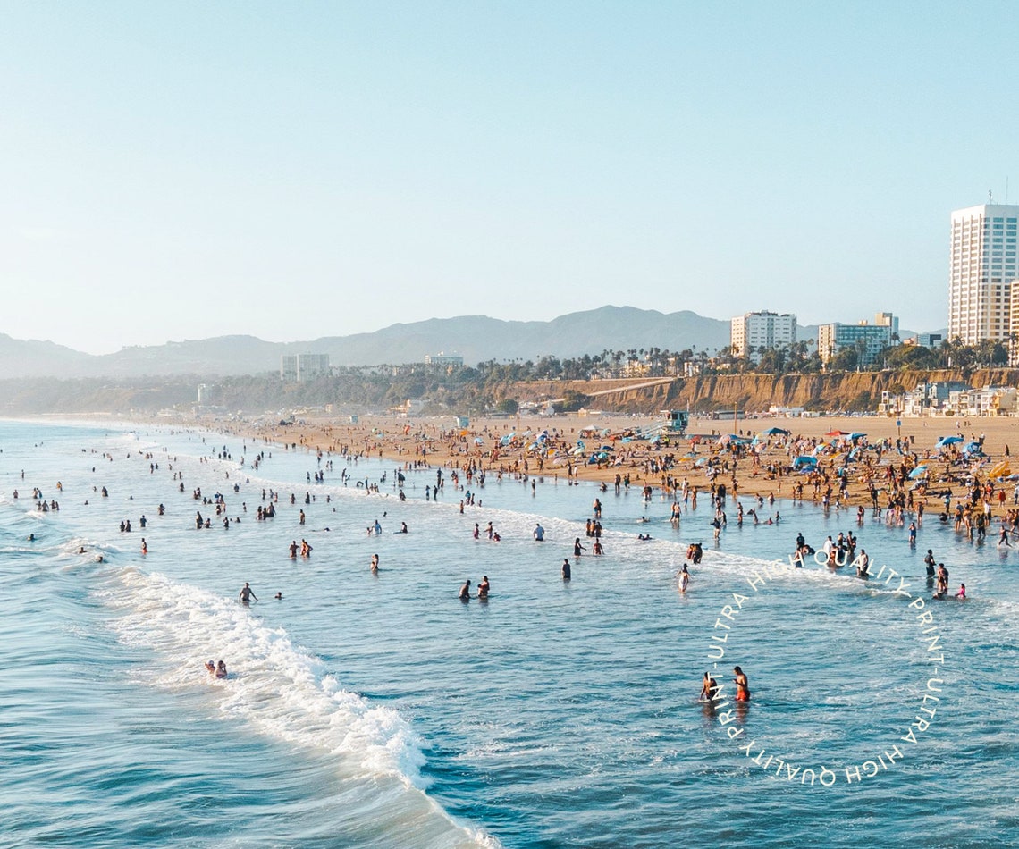 Los Angeles Coastline Crowded Beach Aerial Summer Waves Travel Poster - Image 5