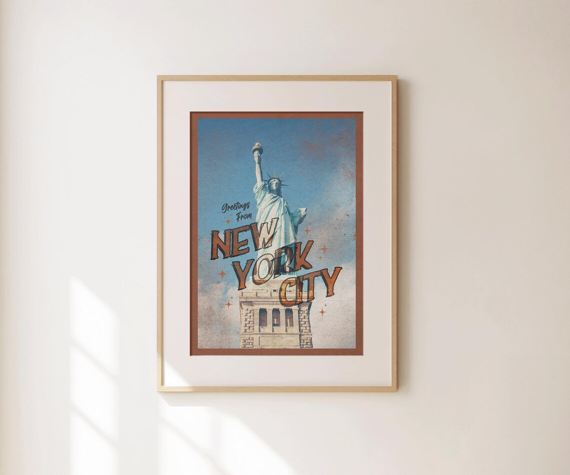 Greetings From New York City Statue of Liberty Vintage Travel Poster