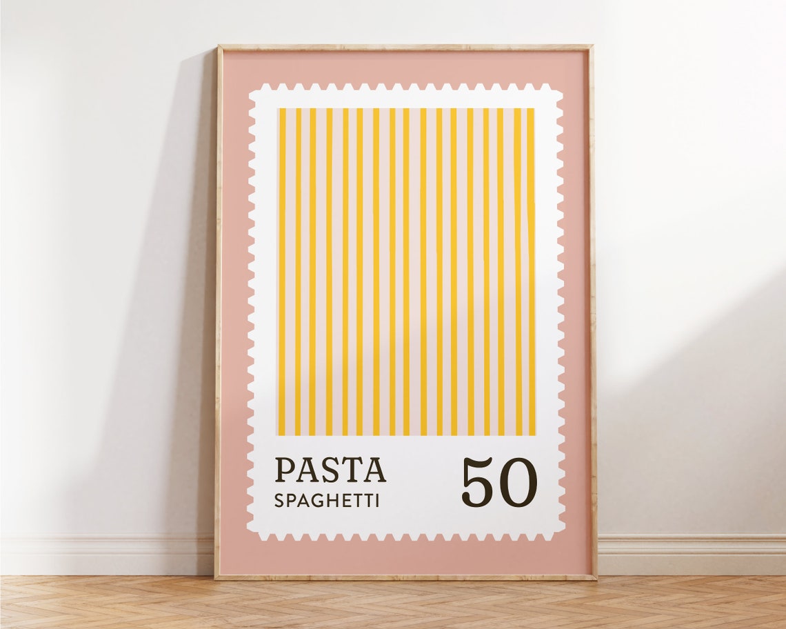 Pasta Spaghetti 50 Pink Stamp Style Cute Kitchen Wall Art Poster