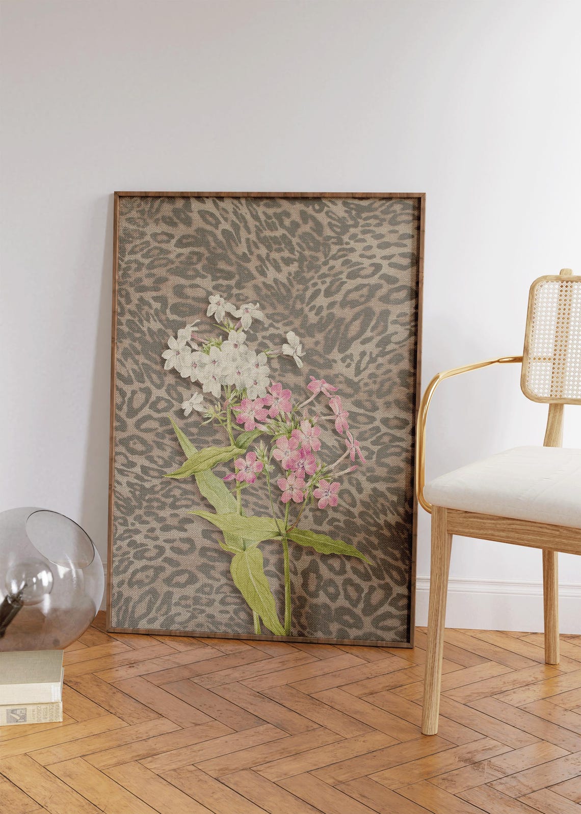 Pink White Wildflowers Botanical Art Leopard Texture Floral Wall Art - Image 4