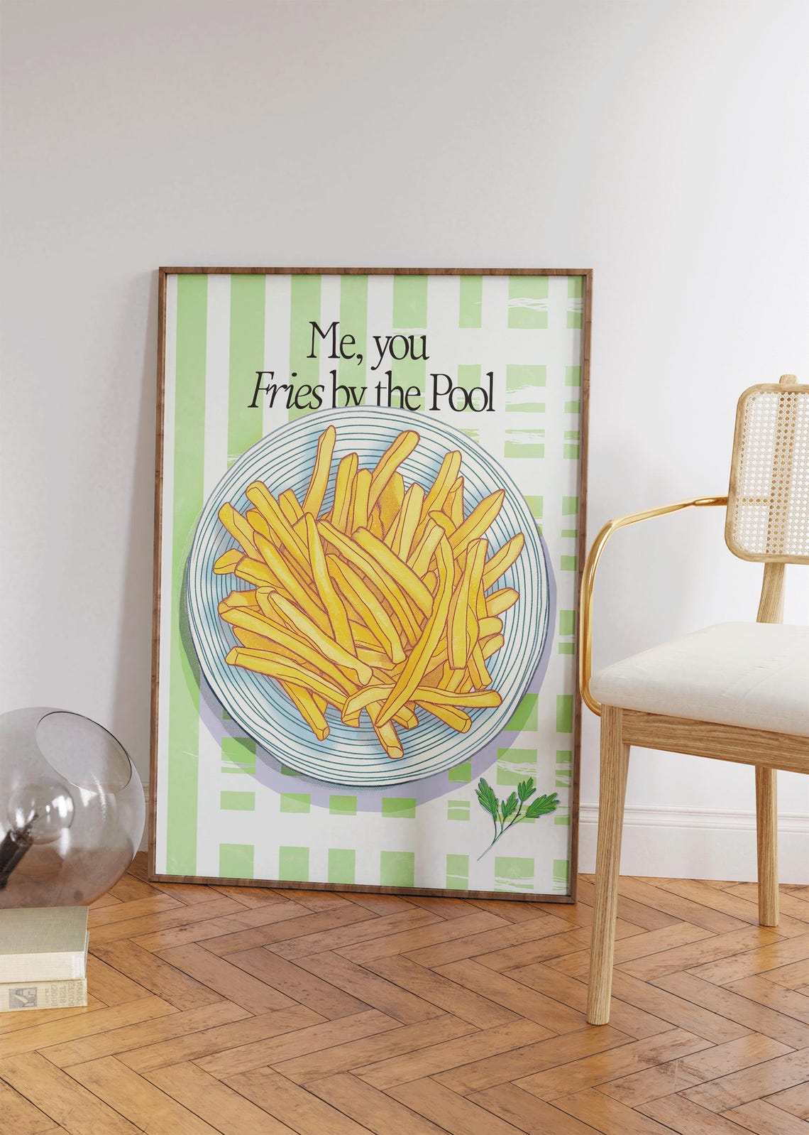 Fries By The Pool Green Kitchen Food Illustration Retro Wall Poster - Image 4