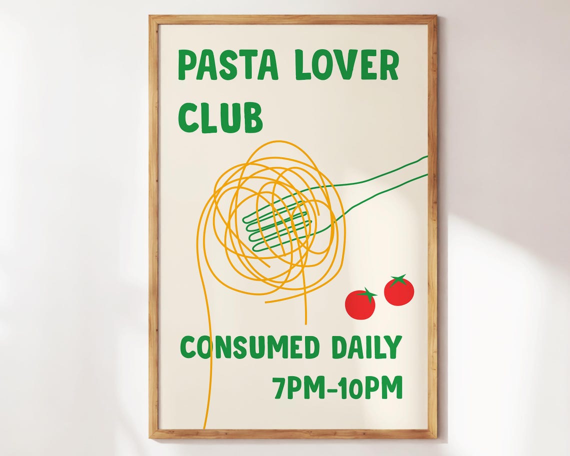 Pasta Lover Club Retro Kitchen Green Foodie Humor Poster Wall Decor