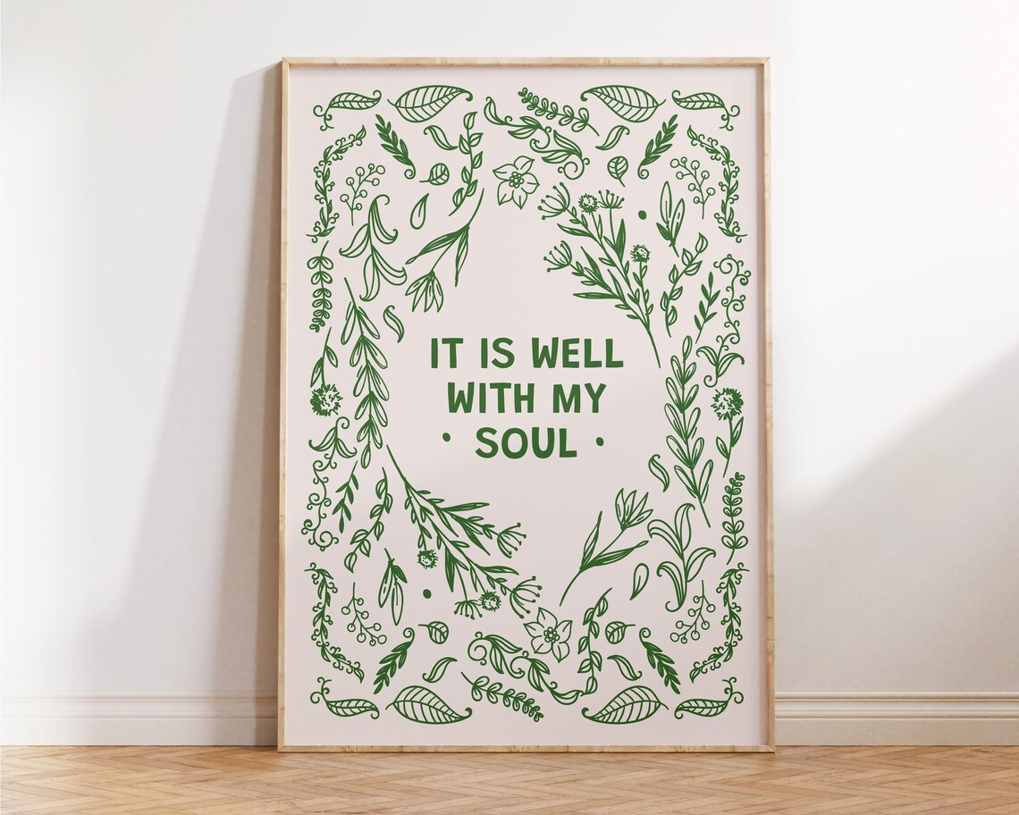 It Is Well With My Soul Green Botanical Quote Cream Wall Art Poster - Image 4