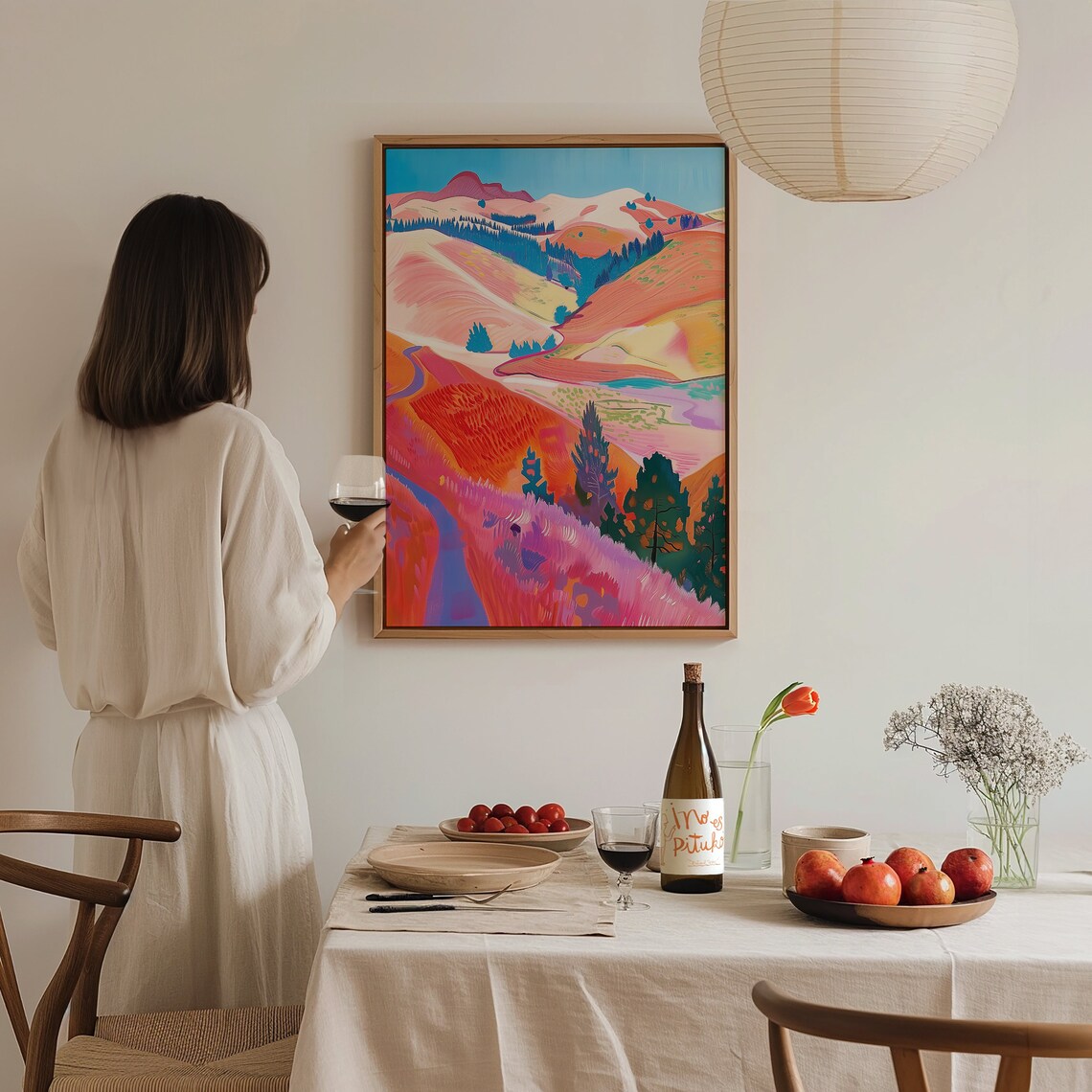 Pink Hills Modern Landscape Painting Colorful Hockney Style Wall Art - Image 4