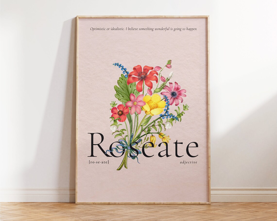 Roseate Definition Quote Print Pink Floral Botanical Wall Art Poster