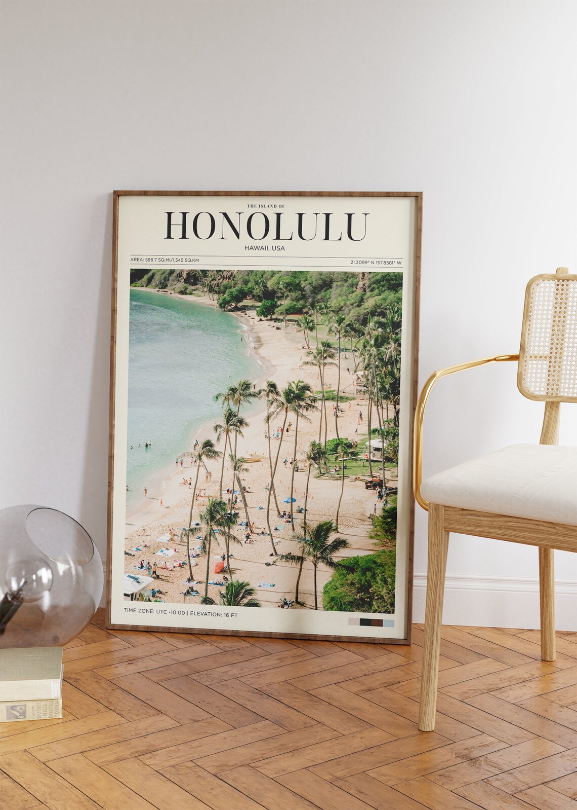 Honolulu Hawaii Beach Palm Trees Aerial Travel Poster Island Wall Art - Image 2