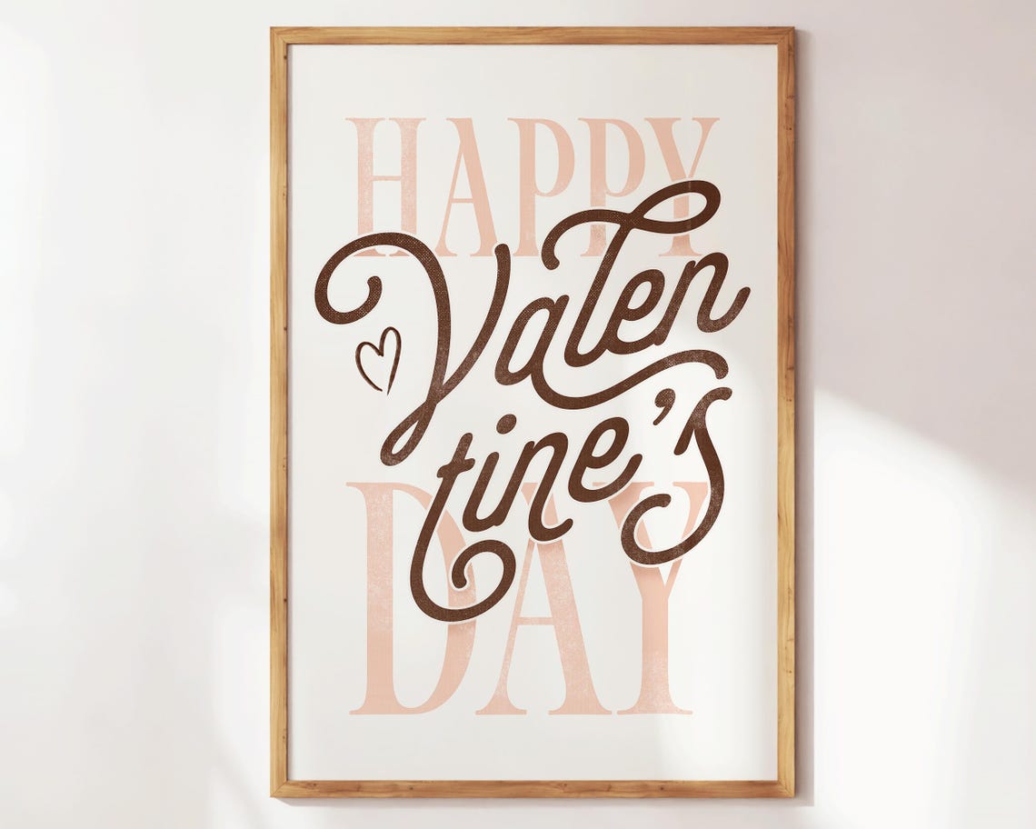 Happy Valentines Day Blush Pink Script Brown Romantic Wall Art Poster - Image 4