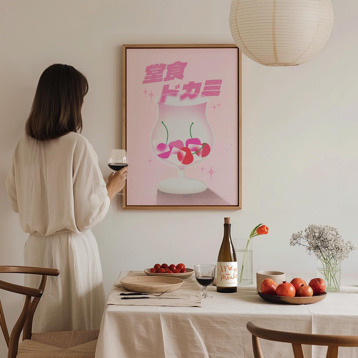 Retro Japanese Cherry Cocktail Glass Pink Pastel Bar Cart Wall Art - Image 2
