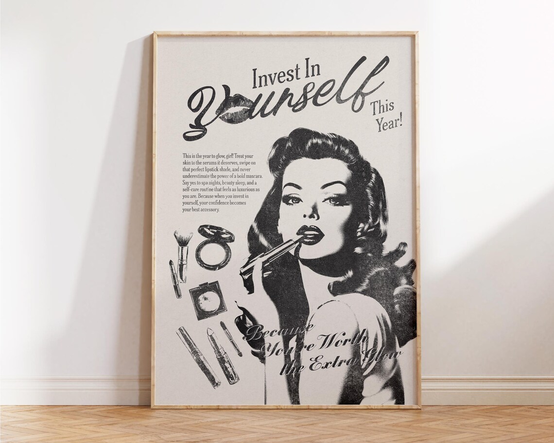 Invest In Yourself Wall Art New Yorker Retro Print Feminist Print Girly Wall Art Trendy Preppy Apartment Decor Feminine Pink Wall Art