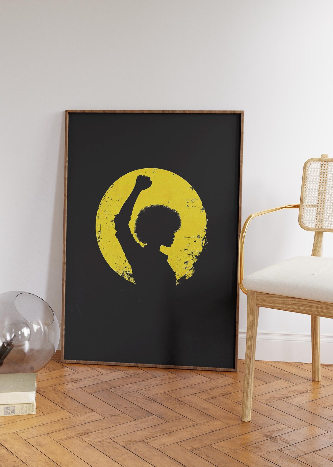 Black Woman Raised Fist Power Silhouette Yellow Black Art Poster - Image 3