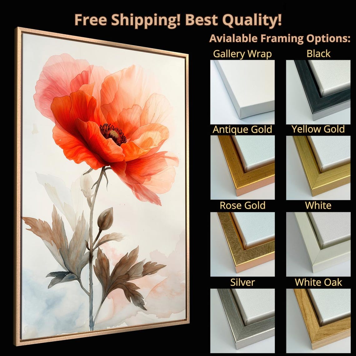 Orange Poppy Bloom Elegant Watercolor Flower Botanical Wall Art - Image 4