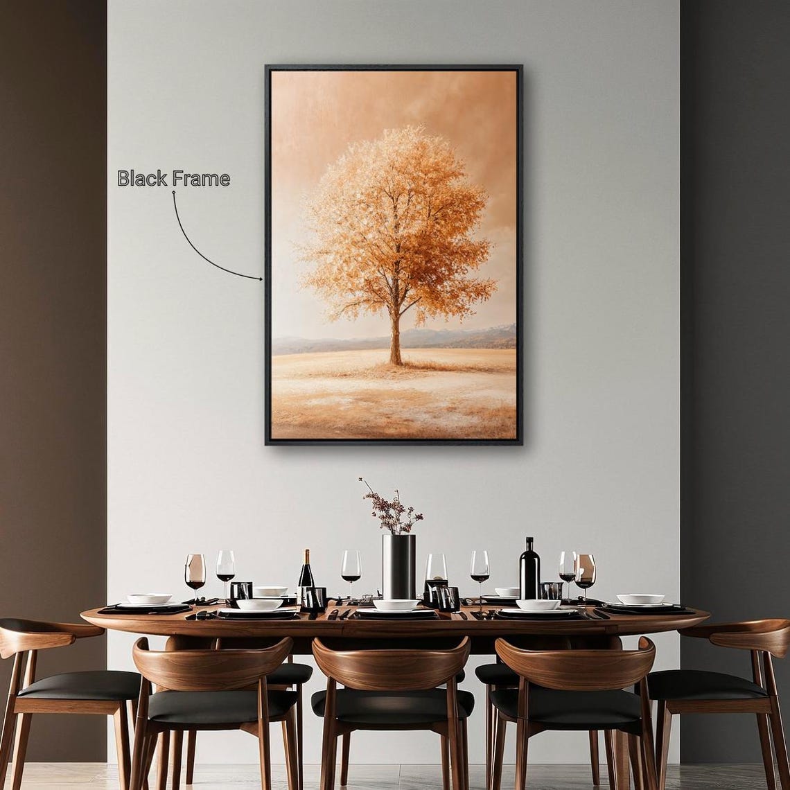 Lone Copper Orange Tree In Misty Beige Field Vertical Wall Poster - Image 2