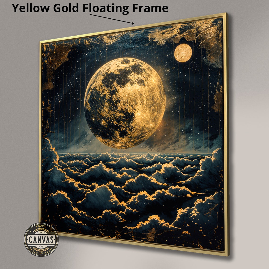 Golden Full Moon Over Moonlit Clouds Glowing Stars Art Print - Image 3
