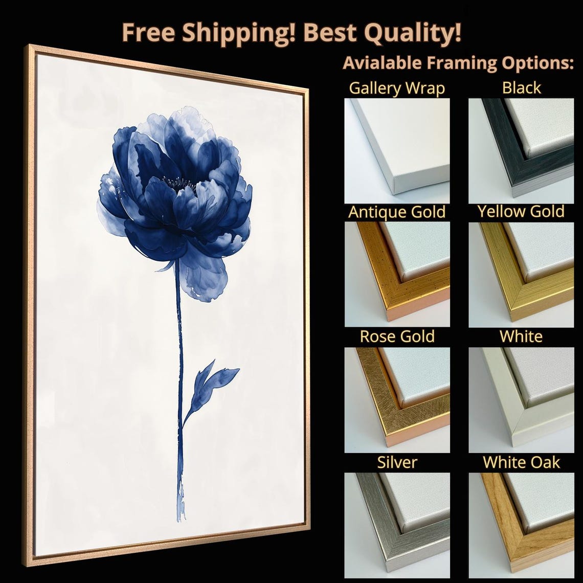 Blue Peony Single Stem Minimalist Watercolor Botanical Wall Art Print - Image 4